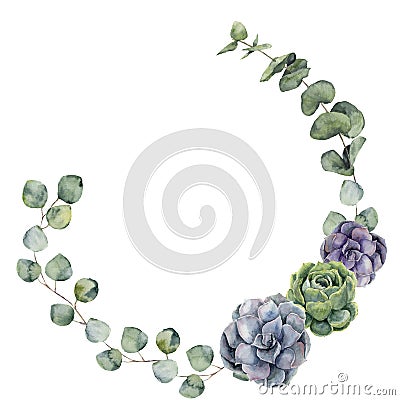 Watercolor floral border with baby, silver dollar eucalyptus leaves and succulent. Hand painted floral wreath with branches, leave Stock Photo