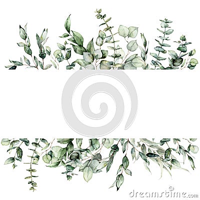 Watercolor floral border of eucalyptus branches, seeds and leaves. Hand painted frame of silver dollar plants isolated Stock Photo