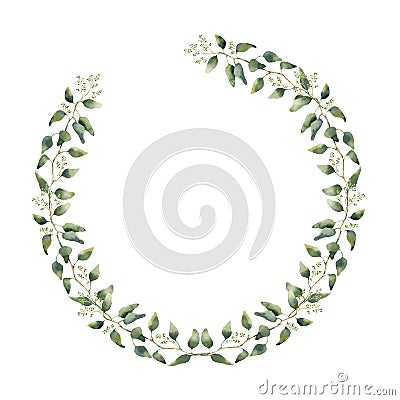 Watercolor floral border with eucalyptus leaves and flowers. Hand painted floral wreath with branches, leaves of eucalyptus Stock Photo