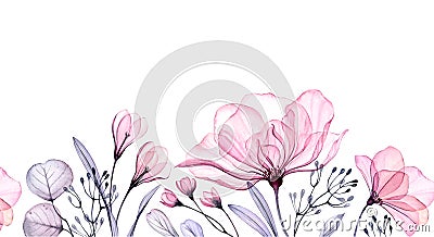 Watercolor floral border. Seamless horizontal pattern in repeat. Abstract big rose flowers. Isolated hand drawn Cartoon Illustration