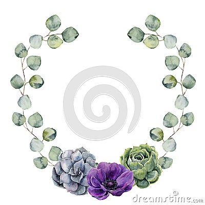 Watercolor floral border with silver dollar eucalyptus leaves, succulent and anemone flower. Hand painted wreath with Stock Photo