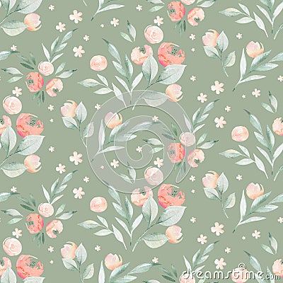 Watercolor floral botanical pattern and seamless background. Ideal for printing fabric and paper or scrapbooking. Hand Cartoon Illustration