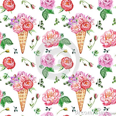 Watercolor floral botanical seamless pattern with peonies, roses and green leaves on white background Stock Photo