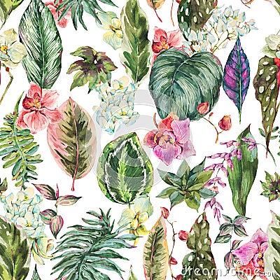 Watercolor floral botanical tropical seamless pattern, orchid flowers Stock Photo