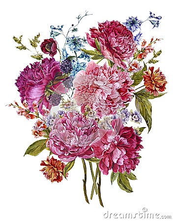 Watercolor Floral Bouquet with Burgundy Peonies in Cartoon Illustration