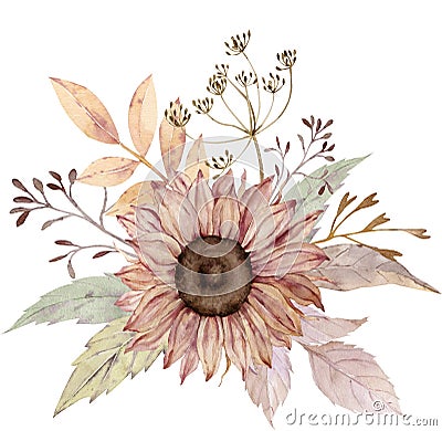 Watercolor floral bouquet. Sunflower, dill, fall leaves. Thanksgiving illustration. Harvest and fall concept. Cartoon Illustration