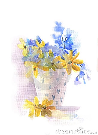 Watercolor floral bouquet in Vase Cartoon Illustration
