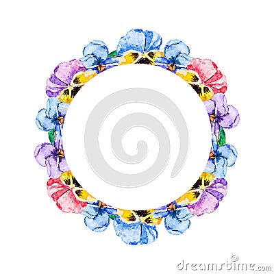 Watercolor floral bouquets of viola pansies of pink, violet, blue and yellow colors on a white background as circle frame. Stock Photo