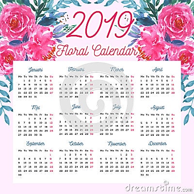 2019 watercolor floral calendar Vector Illustration