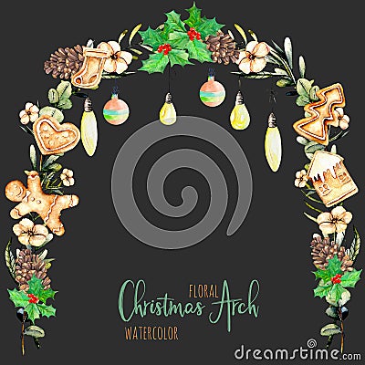 Watercolor floral Christmas arch with hanging lamps for holiday design Stock Photo