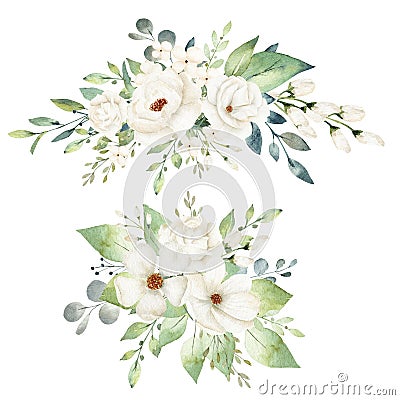 Watercolor floral clipart with white flowers and greenery leaves Stock Photo