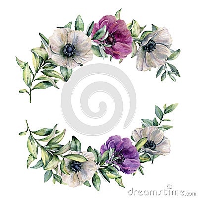 Watercolor floral composition with colorful anemone. Hand painted white, violet, pink flowers and leaves isolated on Cartoon Illustration