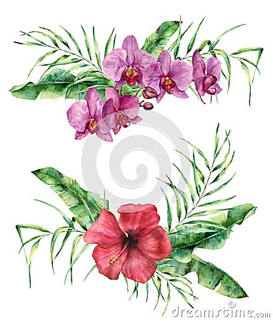 Watercolor floral composition with exotic flowers and leaves. Hand painted bouquet with hibiscus and orchid, palm leaves Stock Photo