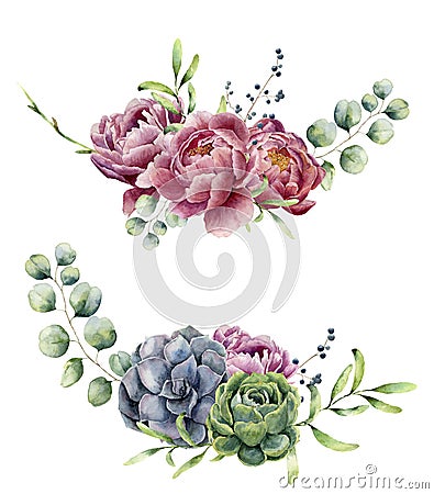 Watercolor floral composition isolated on white background. Vintage style posy set with eucalyptus branches, succulents Stock Photo