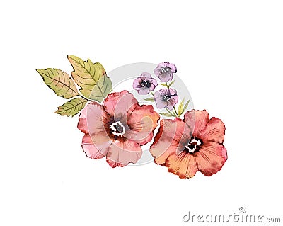 Watercolor floral composition. Rustic pink flowers bouquet: rose hip, briar, leaves, isolated on white background. Hand Stock Photo