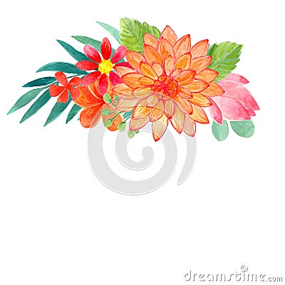 Watercolor floral crown of tropical flowers and leaves Stock Photo