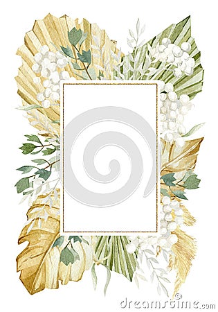 Watercolor floral and dasty leaves frame. Luxure tropical bohemian illustration in trendy style for wedding invintation, mothers d Cartoon Illustration