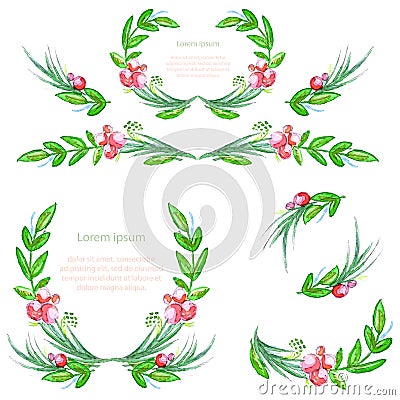 Watercolor floral design elements with leaves and berries. Brushes, borders, wreath,garland. Vector Vector Illustration