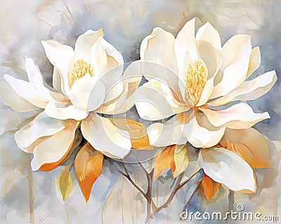 The watercolor floral digital art wall decor has golden orange and gray flowers. Cartoon Illustration