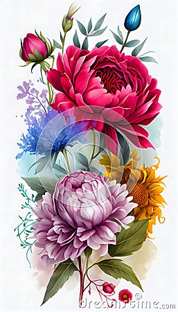 Watercolor Bouquet of Mixed Flowers Isolation on white background Stock Photo