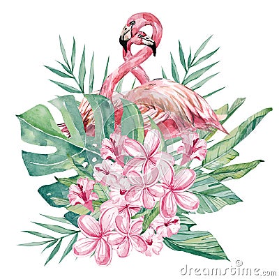 Watercolor floral flower and flamingo illustration. Bouquet with tropical green leaves and flowers for wedding stationary Cartoon Illustration