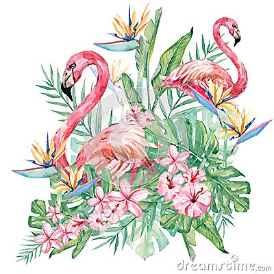 Watercolor floral flower and flamingo illustration. Bouquet with tropical green leaves and flowers for wedding stationary Cartoon Illustration