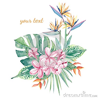 Watercolor floral flower illustration - bouquet with tropical green leaves and flowers Cartoon Illustration