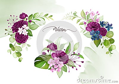 Watercolor floral frame and arrangements elements of purple roses Vector Illustration