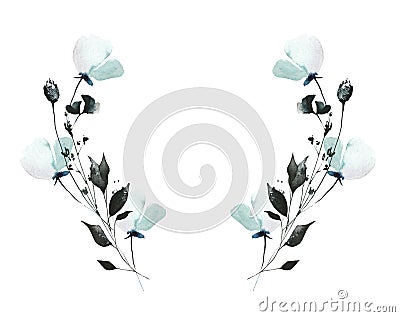 Watercolor floral frame of blue, turquoise, gray, black poppy, buds, wild little flowers, leaves, branches, herbs Cartoon Illustration