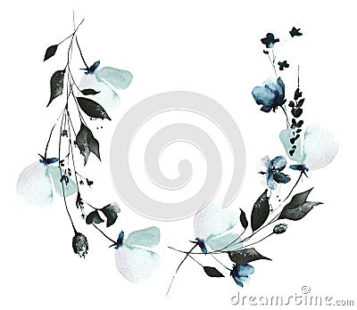 Watercolor floral frame of blue, turquoise, gray, black poppy, buds, wild little flowers, leaves, branches, herbs Cartoon Illustration