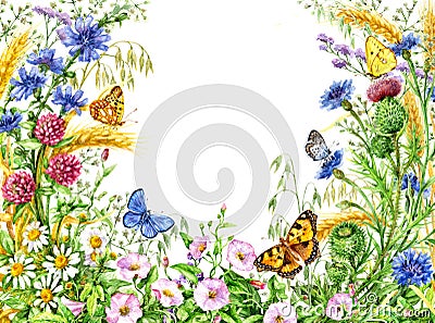 Watercolor Floral Frame with Butterflies. Cartoon Illustration