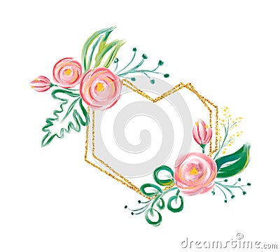 Watercolor floral frame with golden bronze border - vector flower illustration for wedding, anniversary, birthday Vector Illustration