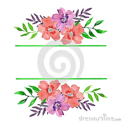 Watercolor floral frame with green lines and bouquets Stock Photo