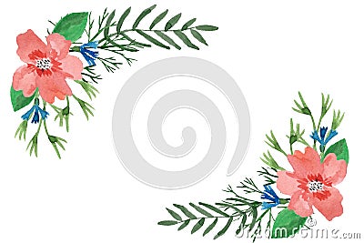 Watercolor floral frame of leaves, herbs, hibiscus and cornflowers Stock Photo