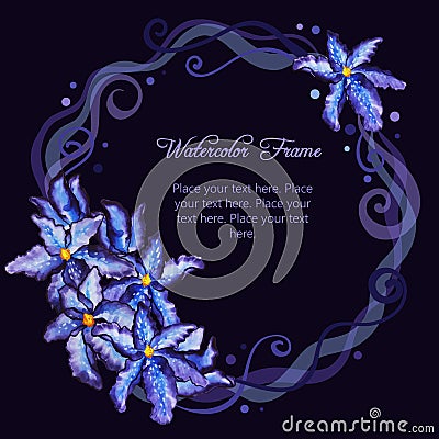 Watercolor floral frame of purple iris Vector Illustration