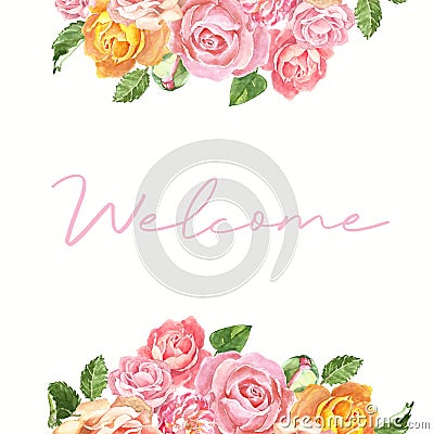 Watercolor floral frame for wedding invitations and cards with blush pink and orange roses and green leaves, isolated. Flowers Cartoon Illustration