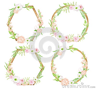 Watercolor floral frames set. Hand drawn geometric round and hexagon arrangement with greenery and flowers isolated on Stock Photo