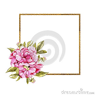 Watercolor floral gold frame made of pink peonies. Floral decor, bride wreath Stock Photo