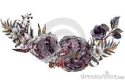 Watercolor Floral Gothic Arrangement Isolated on White Background Stock Photo