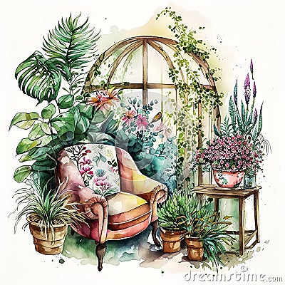 A Vibrant Escape: The Watercolor Floral Greenhouse AI Generated Stock Photo