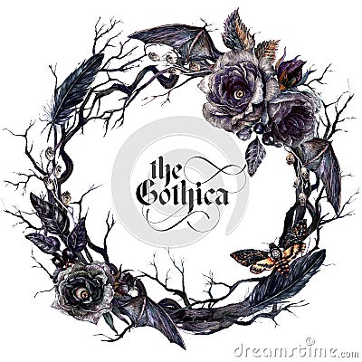 Watercolor Floral Halloween Wreath with Evil Eye, Dry Branches and Black Roses Stock Photo