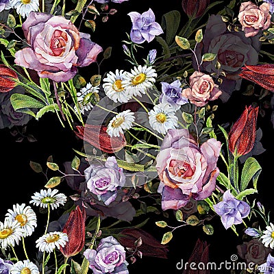 Watercolor delicate bouquet. Hand painted flowers seamless pattern on a black background. Cartoon Illustration