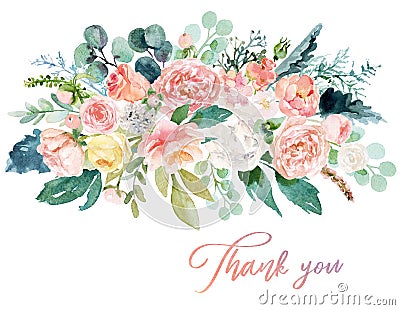 Watercolor floral illustration - bouquet with bright pink vivid flowers, green leaves Cartoon Illustration