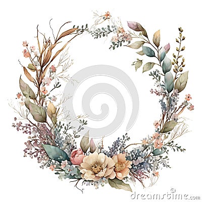 Watercolor floral illustration bouquet collection green blush blue yellow pink frame Cartoon Illustration