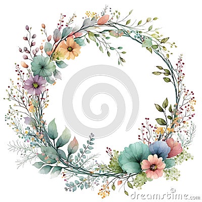 Watercolor floral illustration bouquet collection green blush blue yellow pink frame Cartoon Illustration