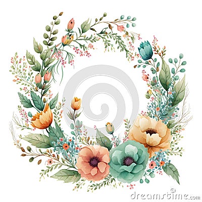 Watercolor floral illustration bouquet collection green blush blue yellow pink frame Cartoon Illustration