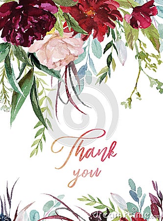 Watercolor floral illustration - burgundy flowers frame for wedding stationary, greetings, wallpapers, fashion, background Cartoon Illustration