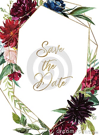 Watercolor floral illustration - burgundy flowers wreath / frame with gold geometric shape and crystal Cartoon Illustration