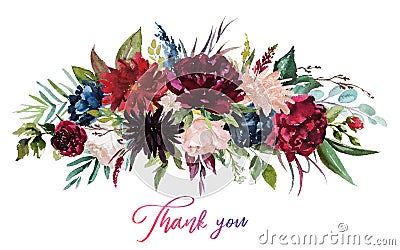 Watercolor floral illustration - flowers burgundy bouquet Cartoon Illustration