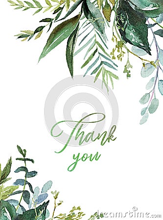 Watercolor floral illustration - green leaves frame / border, for wedding stationary, greetings, wallpapers, fashion, background Cartoon Illustration